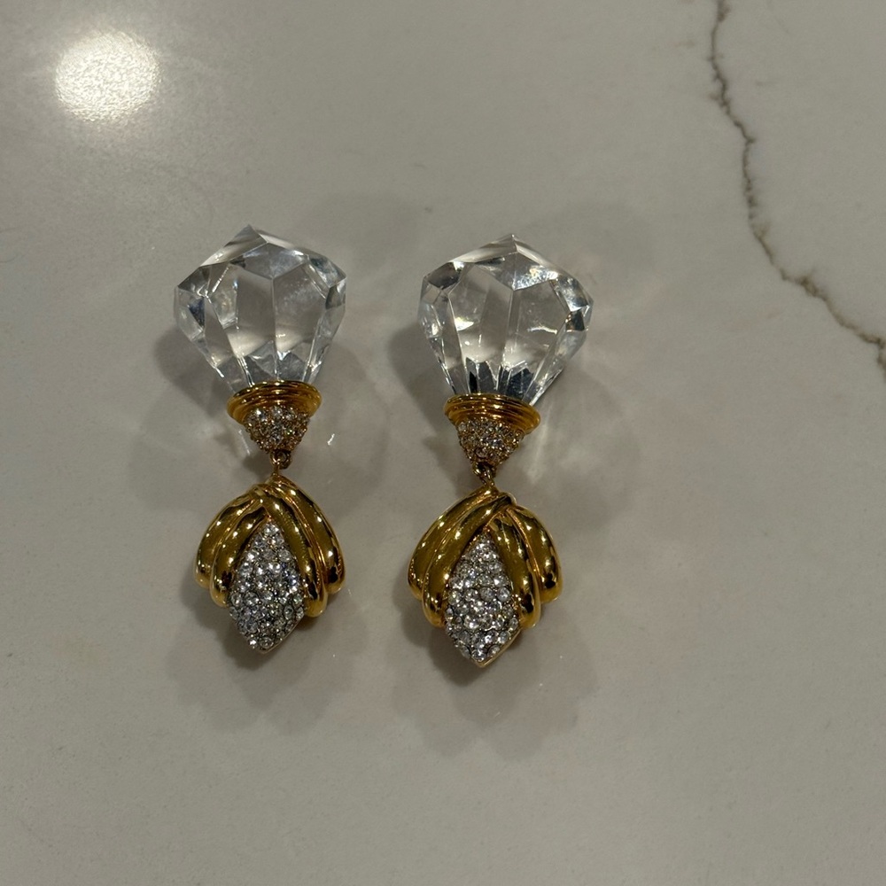 St. John Clip on Elegant Gold and Silver Crystal Drop Earrings - Picture 3 of 7